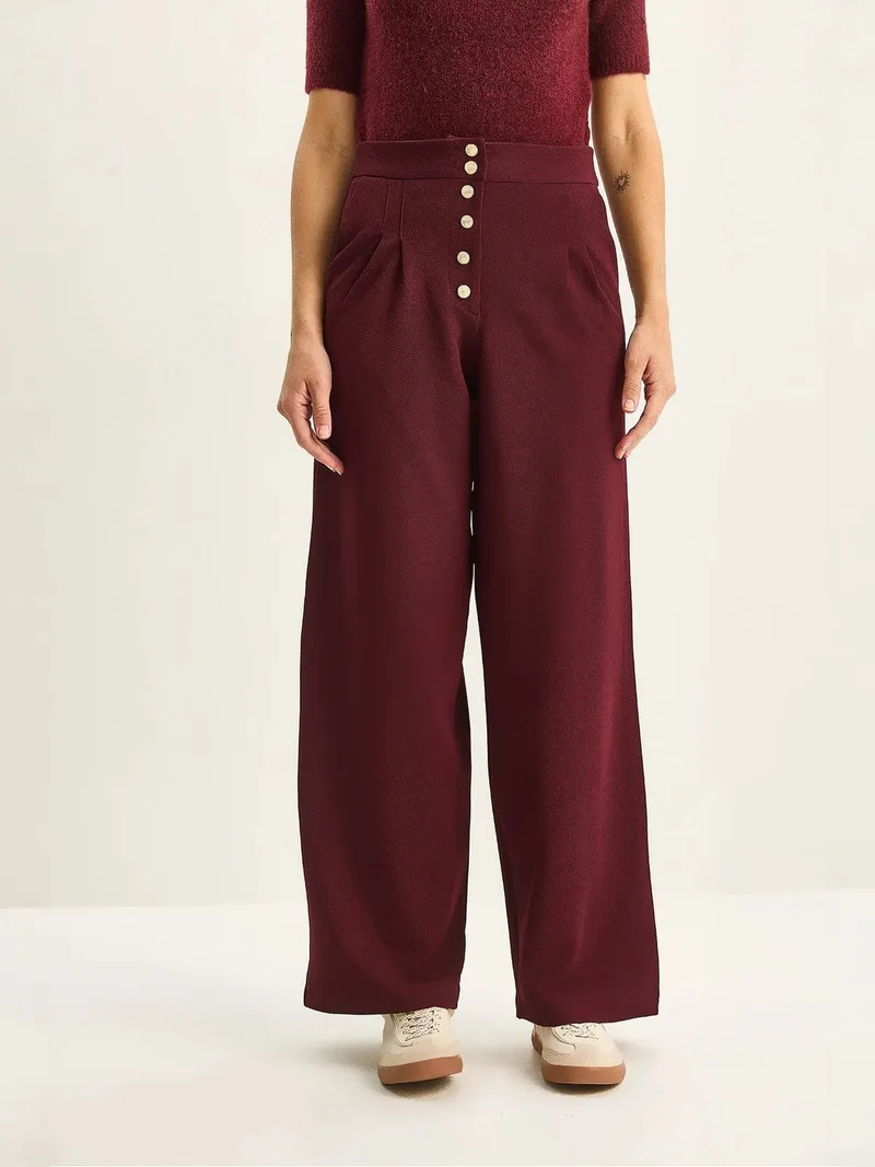 Bianco Lucci Burgundy Red LUCCI High Waist Wide Leg Palazzo Pants for Women | Best Price UAE